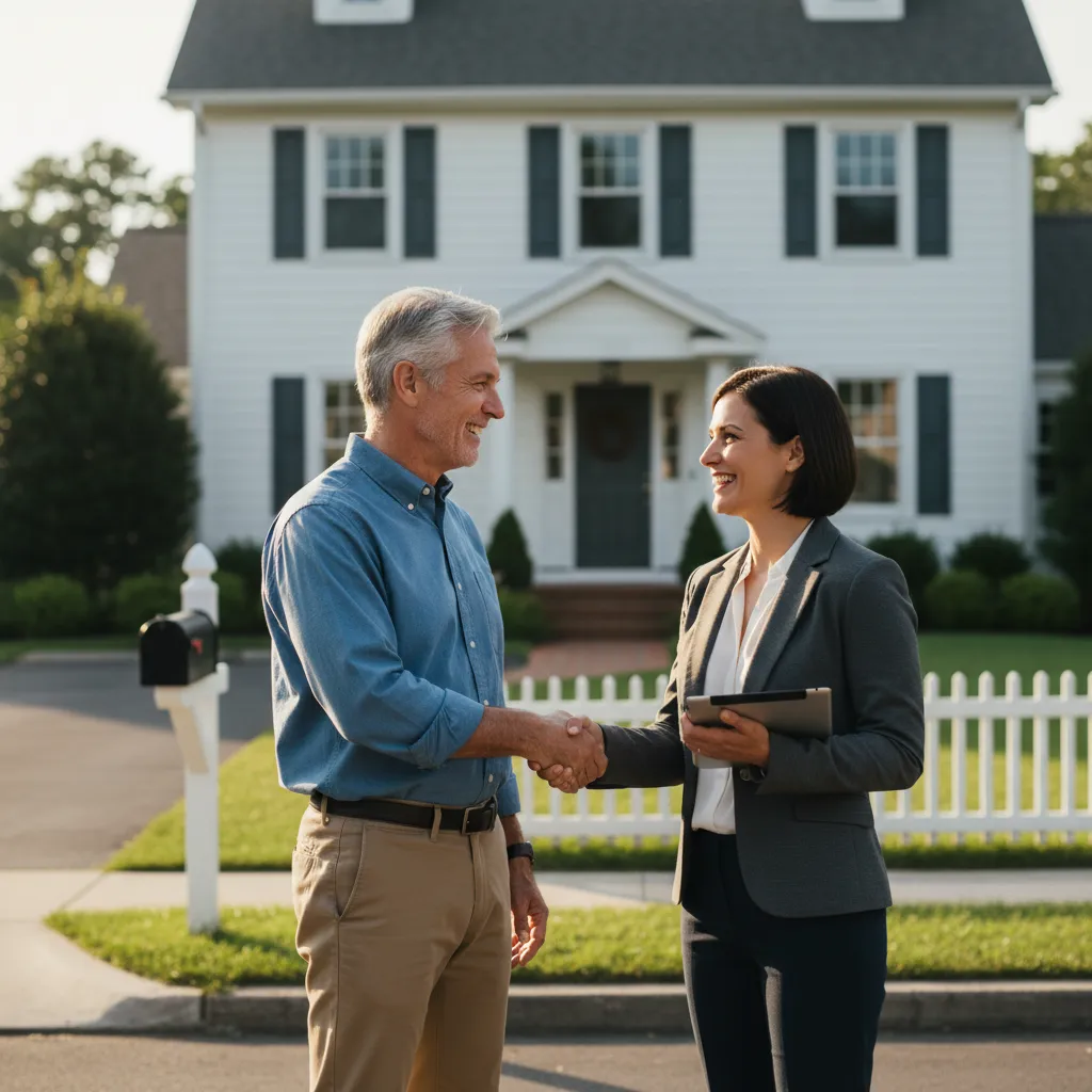 Older man with salt-and-pepper hair shaking hands with a real estate agent in front of a white house. The scene is outdoors, with a driveway and a mailbox visible, and both individuals are smiling.