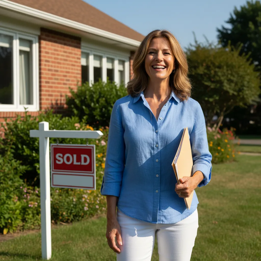 Middle-aged woman smiling in front of a sold sign and a brick house, holding a folder. The background shows a sunny day with green shrubs and a clear blue sky. She appears relieved and happy after selling her home.