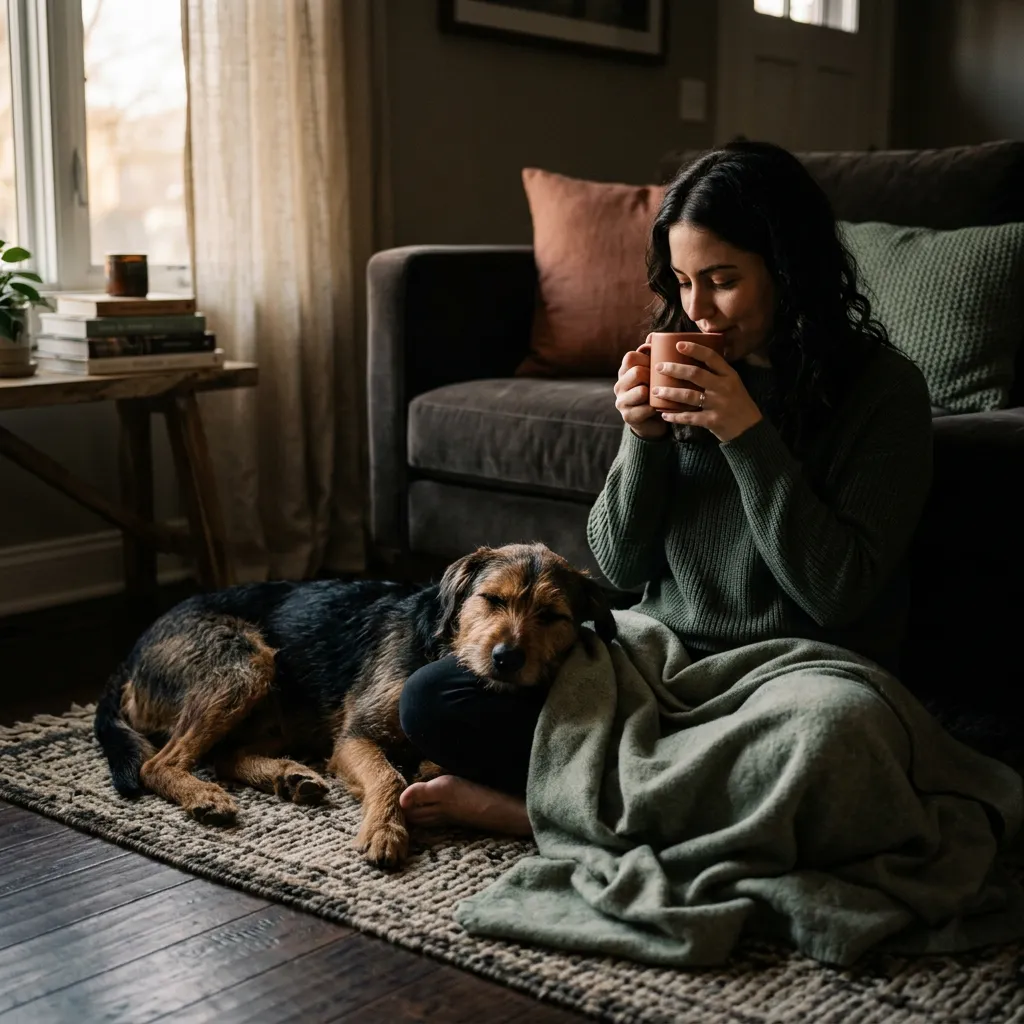 Warm, candid photograph of a dog resting on a cozy living room rug next to their owner sipping coffee among everyday home life