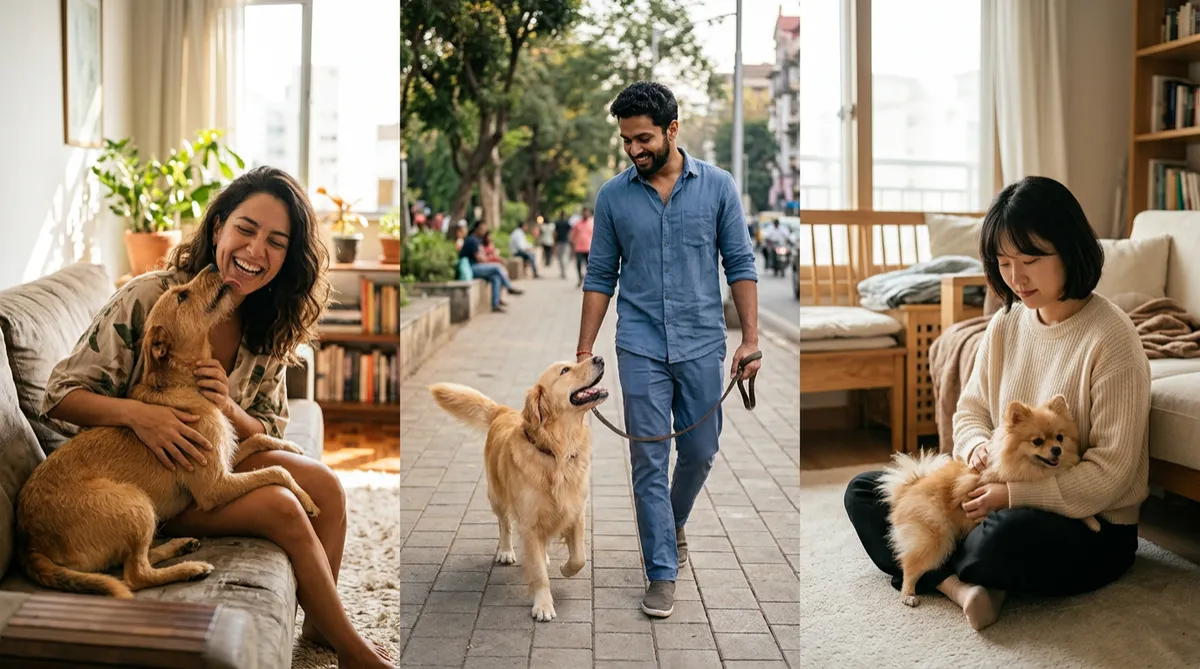 Photorealistic 3-panel triptych showing a Brazilian person, an Indian person, and a Korean person each with their dog in everyday scenes.