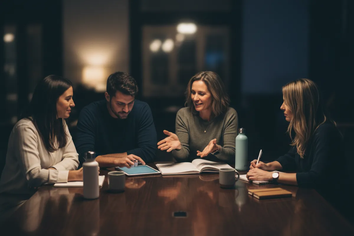 Equipo de consultores colaborando con fundador de marca wellness, fondo oscuro, ambiente relajado, estilo documental, composición 3:2
