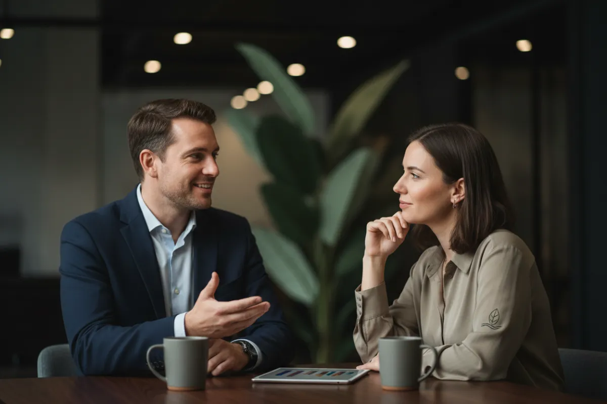 Consultor de GrowWell conversando con fundadora de eCommerce wellness, fondo oscuro, ambiente profesional, estilo retrato, composición 3:2