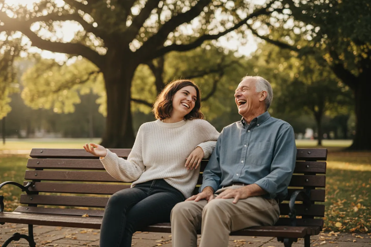 A candid photo of a young woman and an older man sitting together on a park bench, laughing and sharing a story, with soft sunlight and leafy trees in the background. The image is warm, modern, and emotionally engaging.
