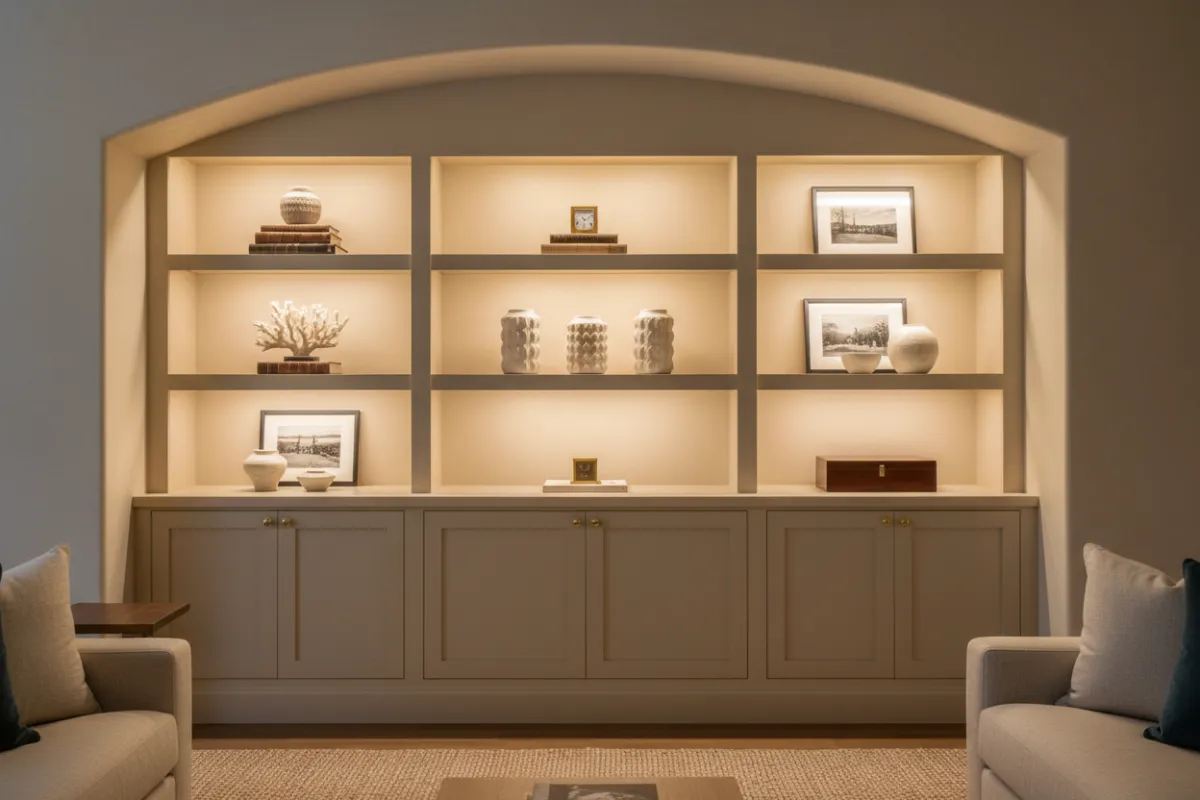 Custom built-in shelving with warm painted cabinetry and integrated lighting.