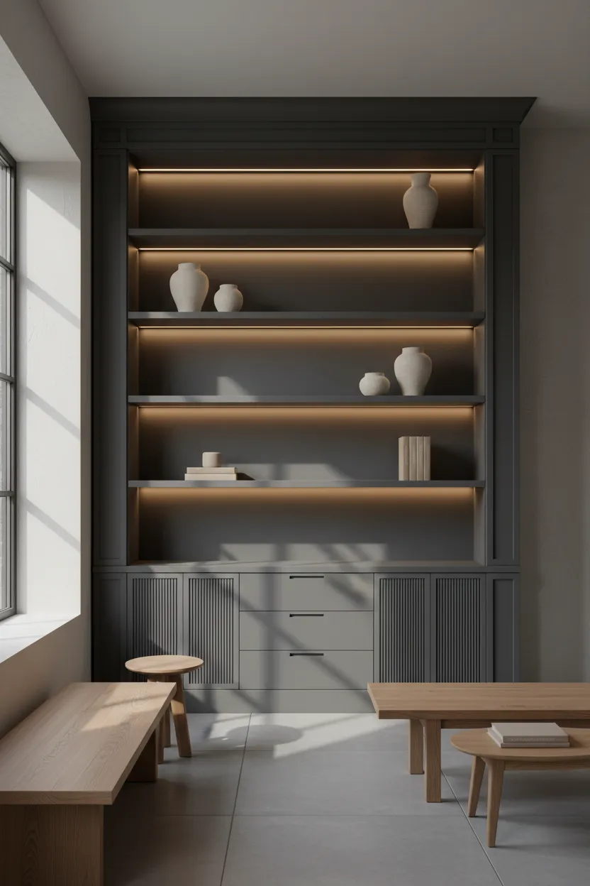 Vertical photo of an elegant built-in with integrated lighting and fluted detailing.