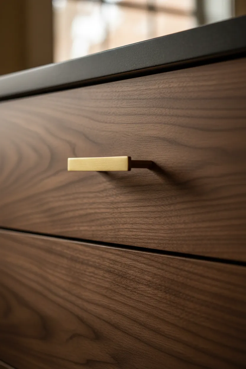 Tight detail of custom cabinet joinery and veneered drawer fronts in high-resolution portrait orientation.