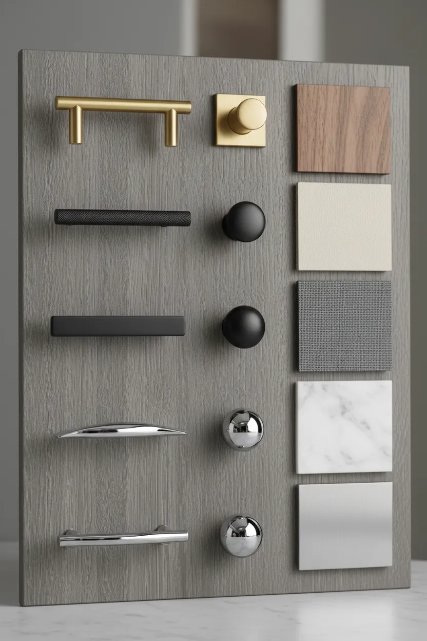 Portrait image of premium cabinet hardware and coordinated finishes on a sample board.