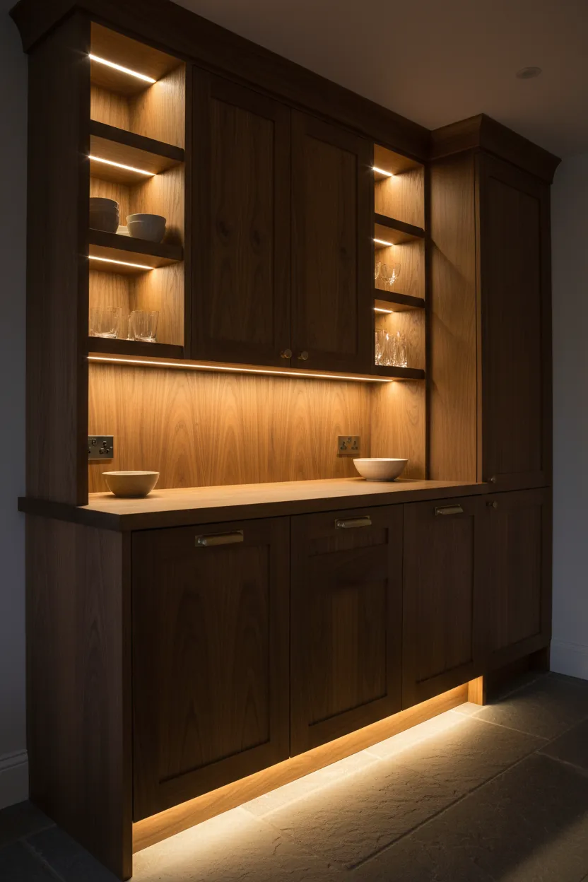Portrait shot highlighting specialty lighting integrated into cabinetry architecture.