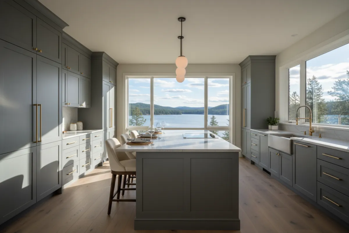 Lakeside kitchen installation with custom cabinetry and expansive lake views.