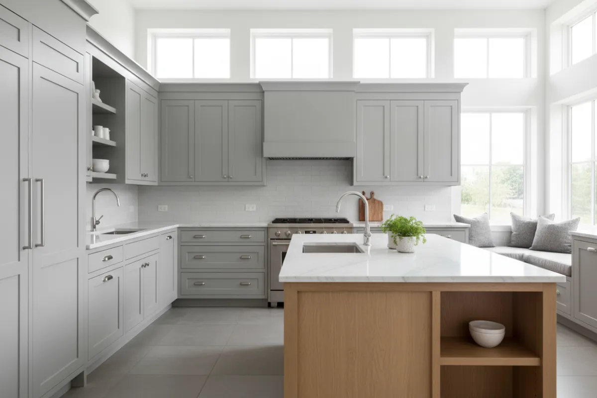 Bright modern kitchen with custom shaker-style cabinetry and mixed wood island.