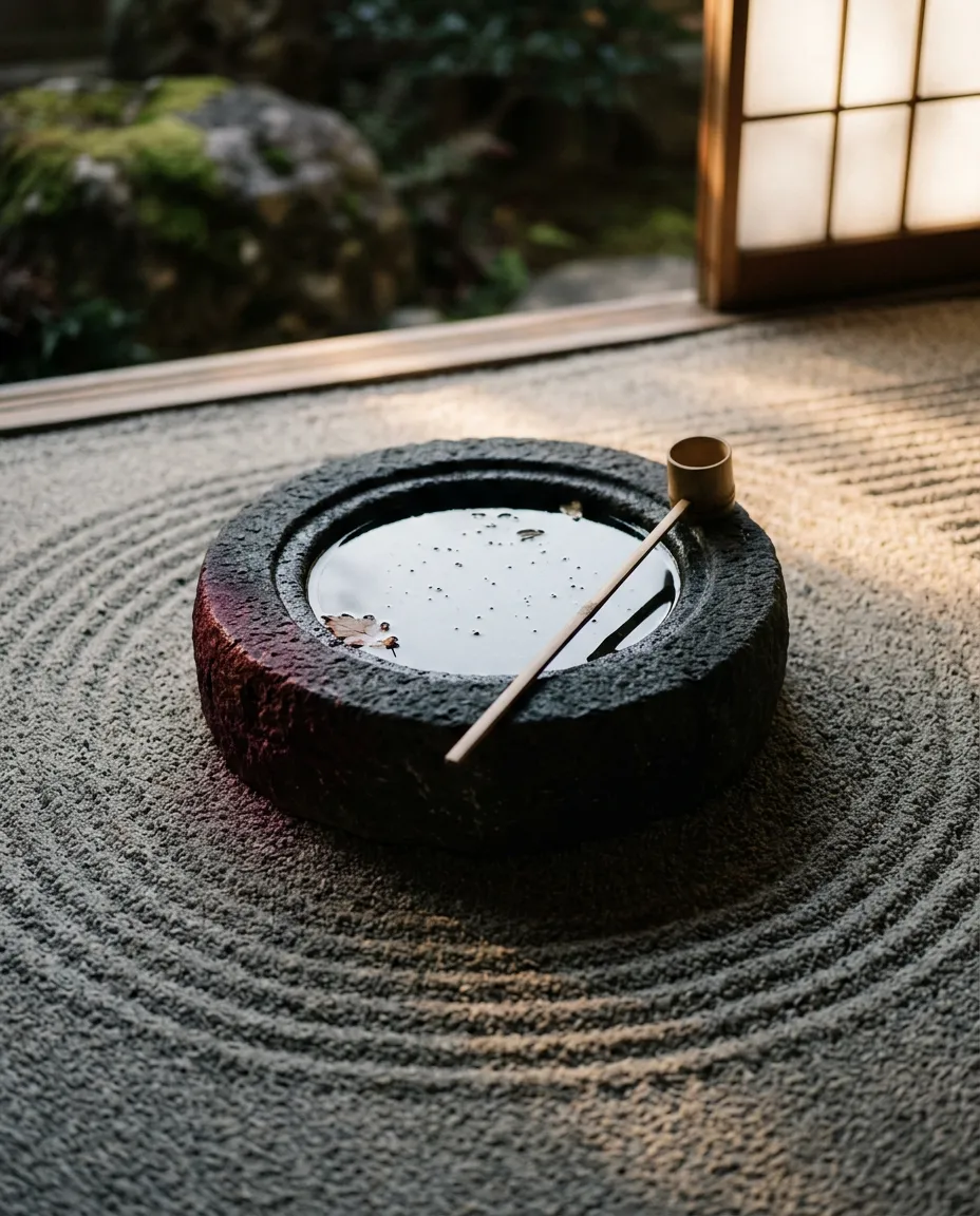 Atmospheric contemplative Japanese architectural stone basin with tranquil still water, evoking depth and internal stillness