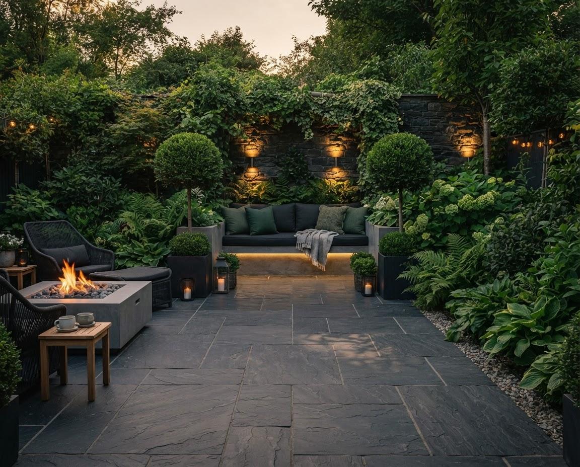 Architecturally landscaped stone patio with lush perimeter planting and modern garden lighting