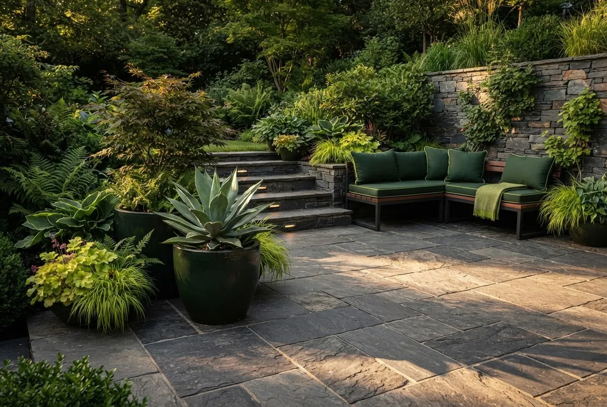 Impeccable natural stone patio and sculptural plantings installed with precision