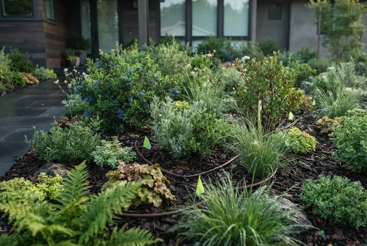 Lush native plants and sustainable drip irrigation in a modern residential landscape