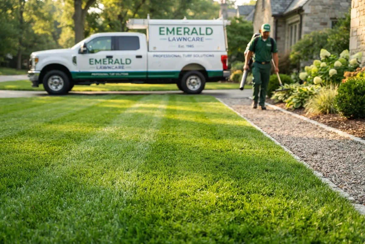 Pristine maintained lawn with crisp edging and on-time service truck in background