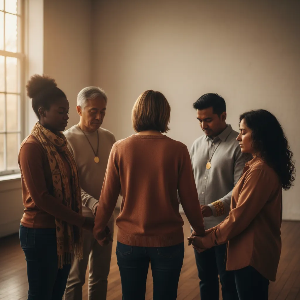 Church community joining hands in prayer