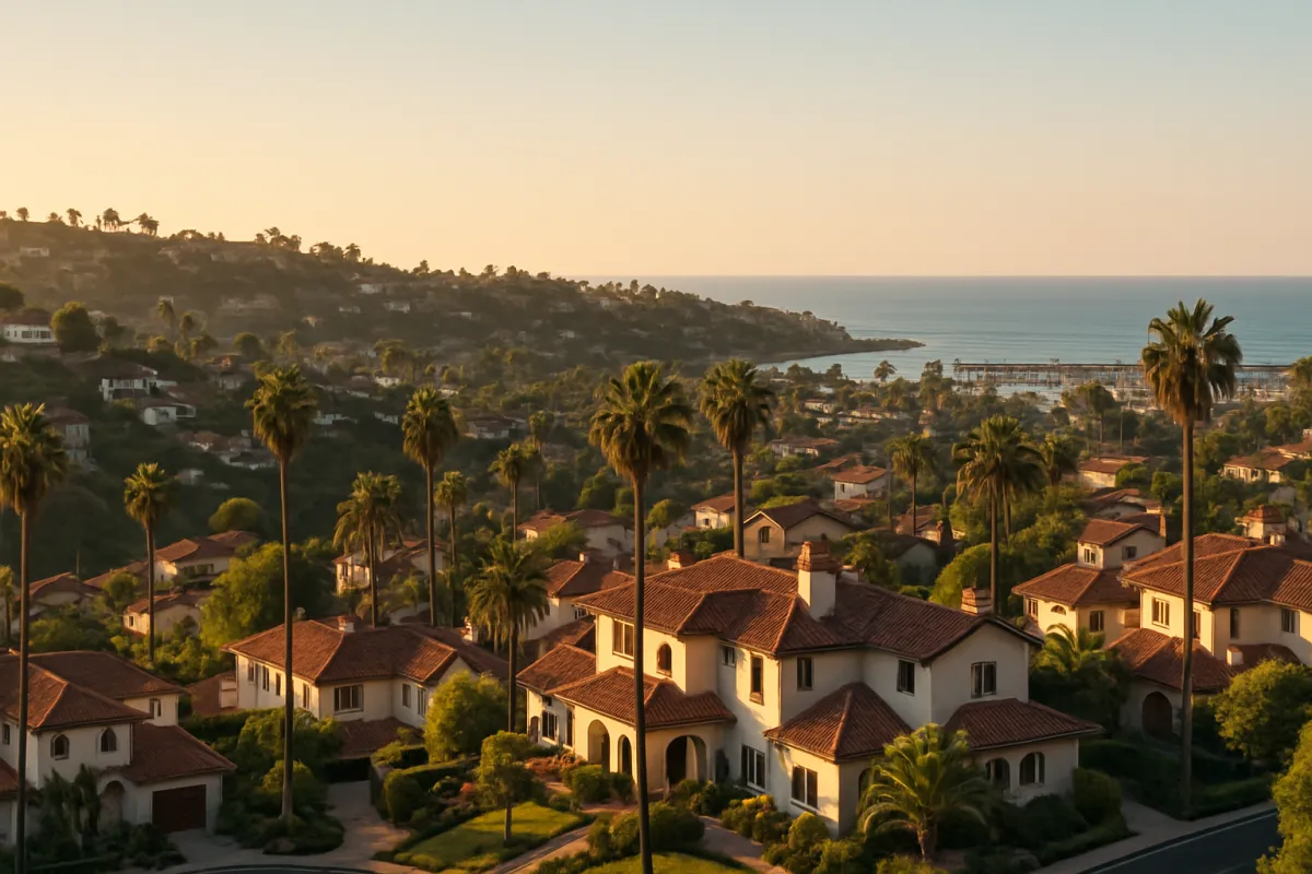 Panoramic view of North San Diego County coastal neighborhood at golden hour