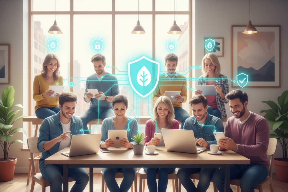 A diverse group of people using digital devices in a modern cafe, with visible privacy icons and data flow graphics overlayed, representing responsible data collection in a welcoming environment. The setting is bright, with natural light and a casual, friendly atmosphere.