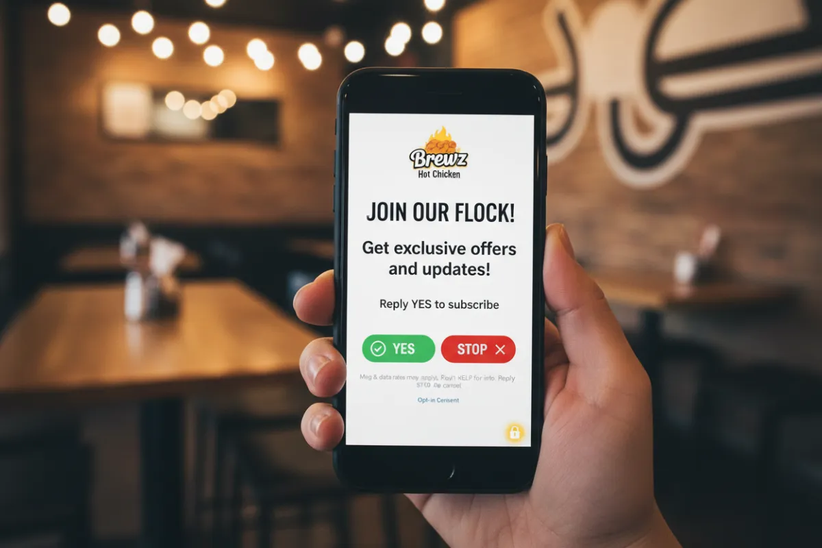 A close-up of a hand holding a smartphone displaying a Brewz Hot Chicken SMS opt-in screen, with clear consent and opt-out options visible. The background shows a subtle restaurant interior, emphasizing transparency and user control.