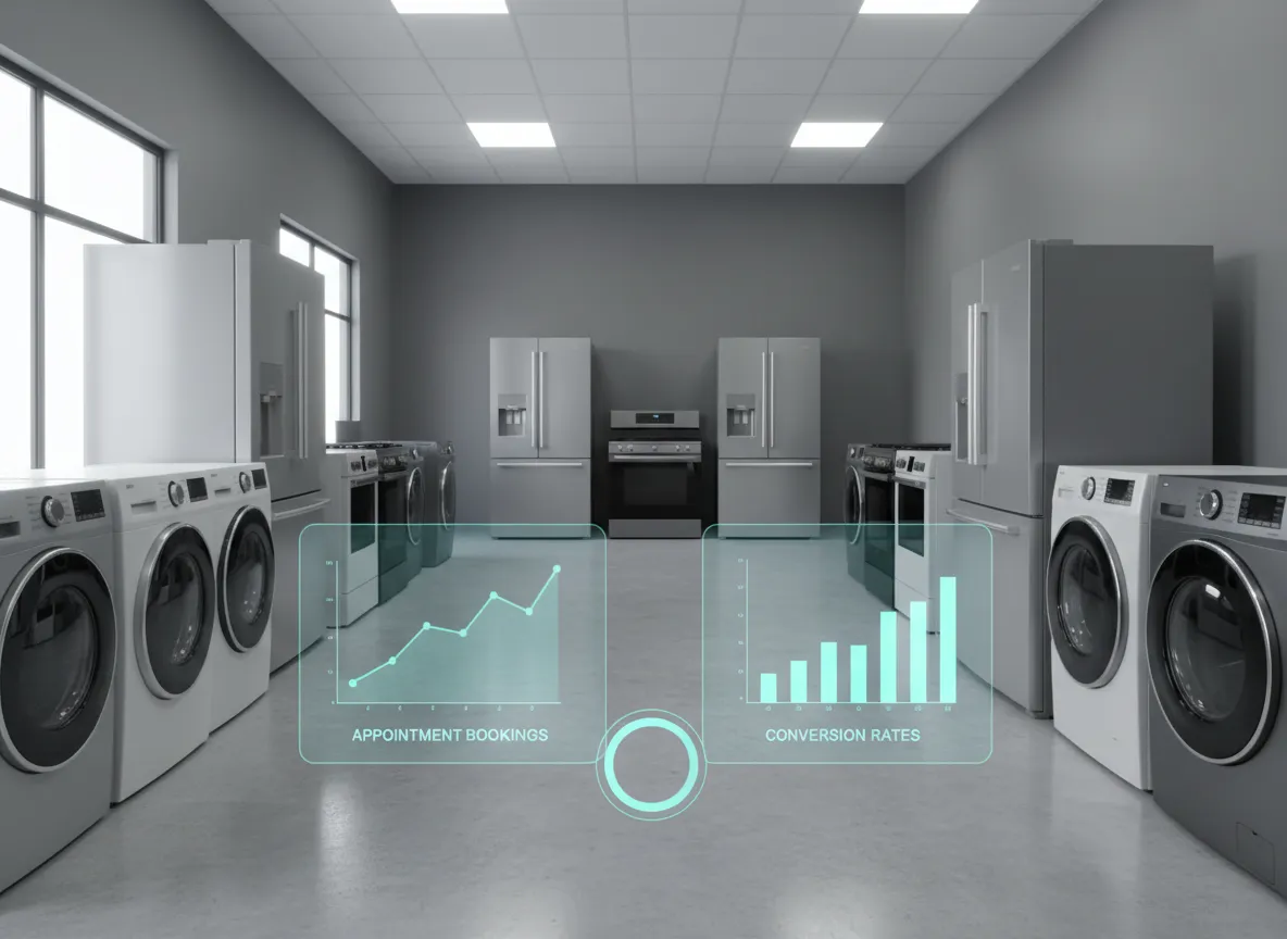 Modern appliance showroom with ecommerce analytics dashboard overlay