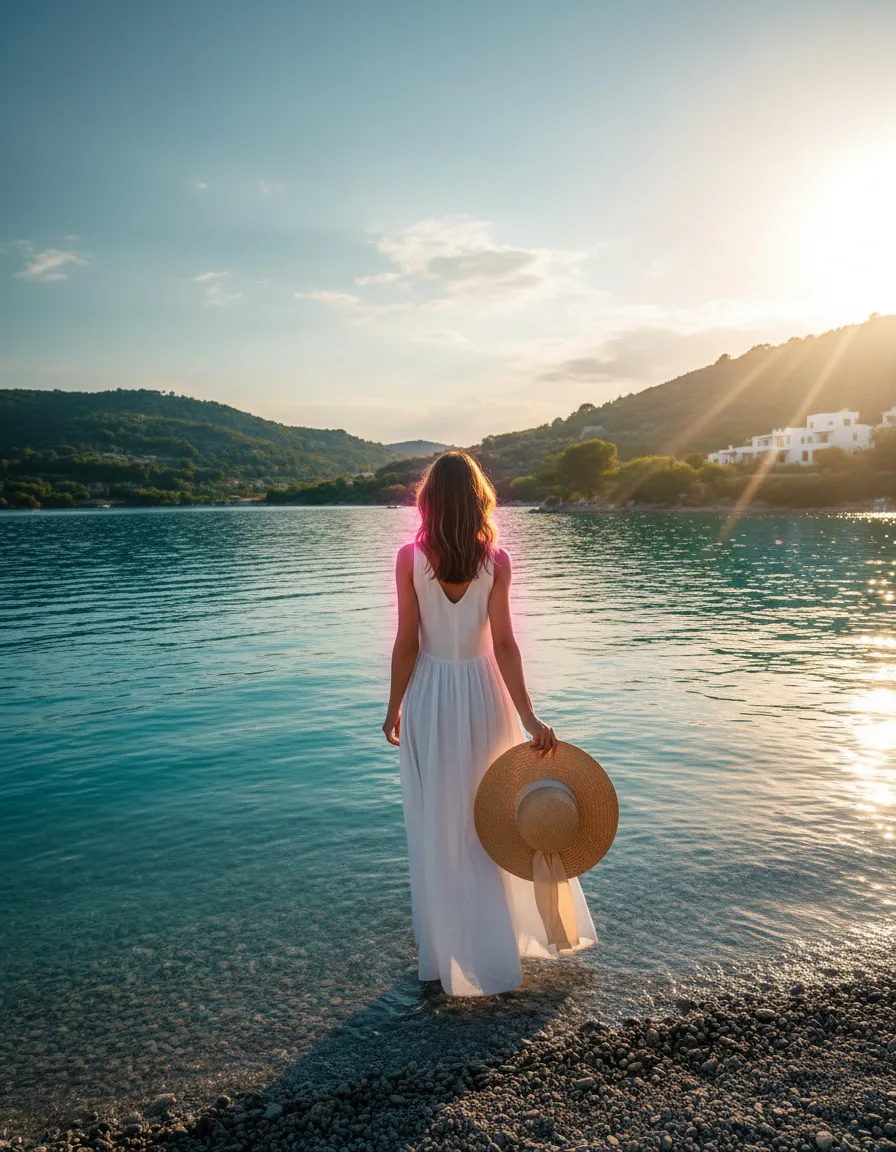 A beautiful high-brightness editorial photo of a woman standing at the edge of the water, looking out.