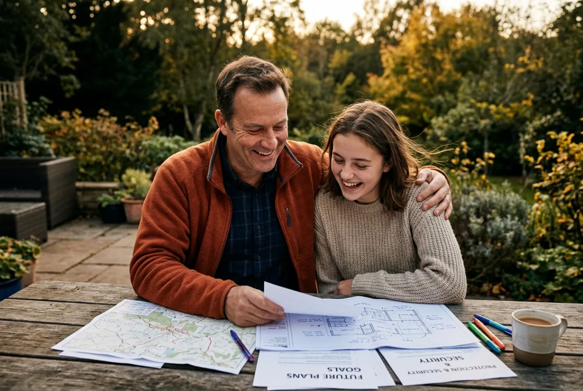 Father and daughter laughing together outdoors while planning for future education