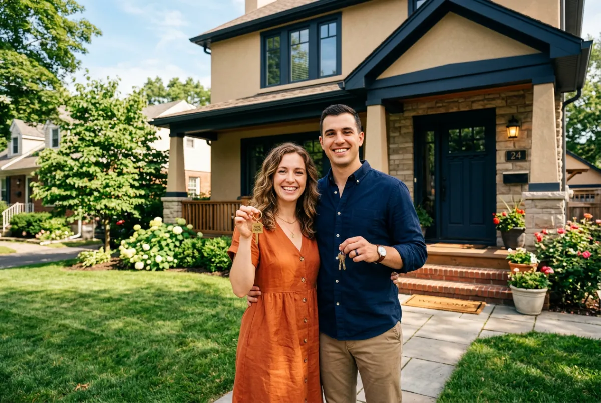 Happy young couple holding keys in front of their newly purchased suburban home