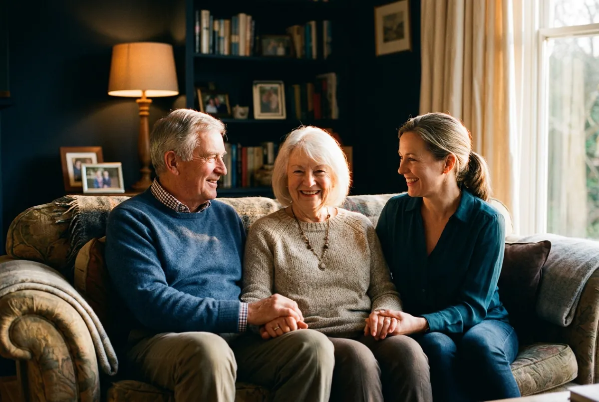 Grandparents spending joyful quality time with their smiling grandchildren at home