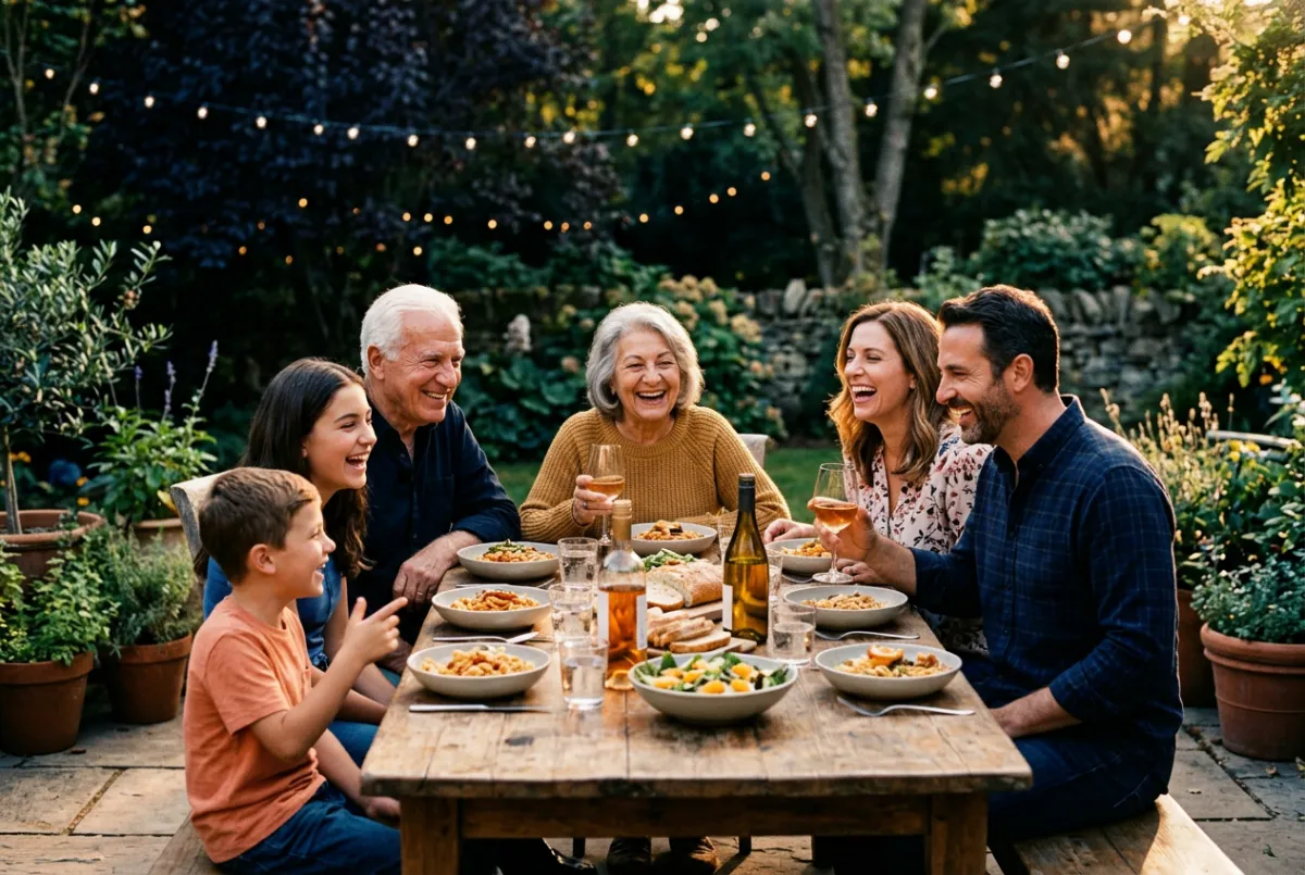 Multi-generational family gathered closely around a table sharing a warm meal together