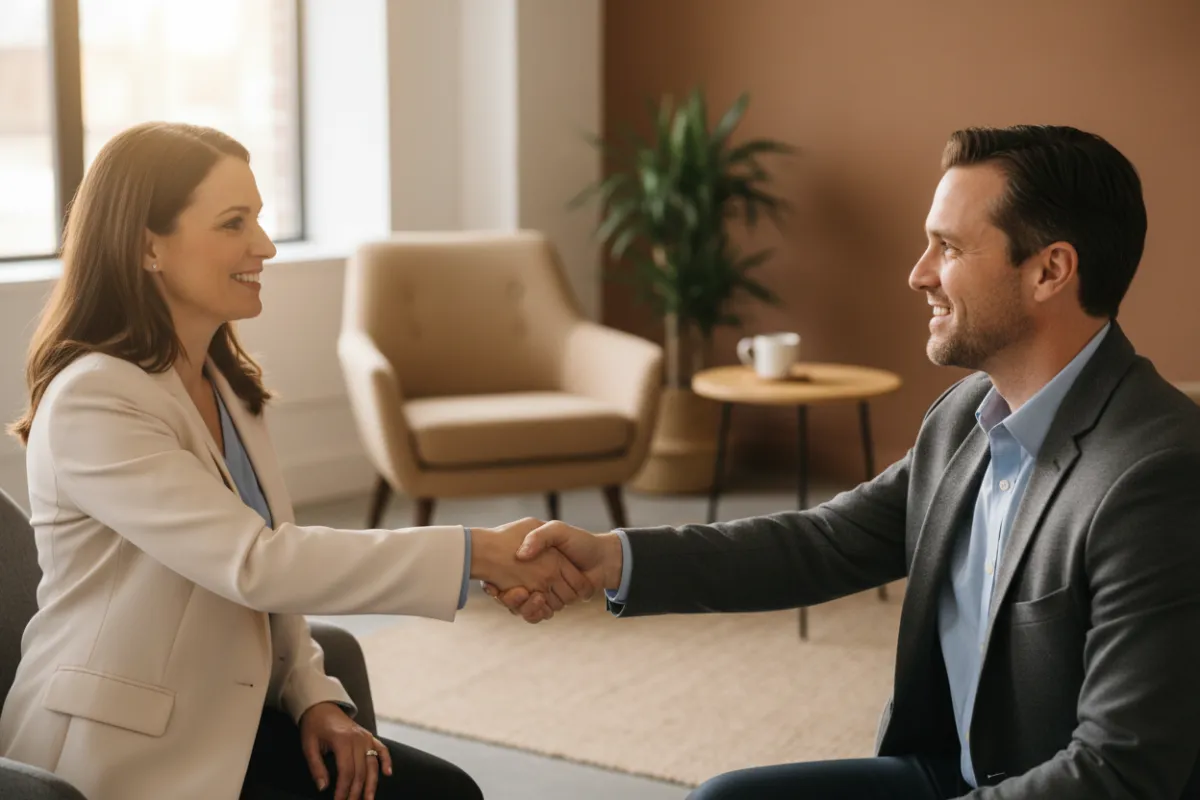 Consultant greeting a client in a warm studio