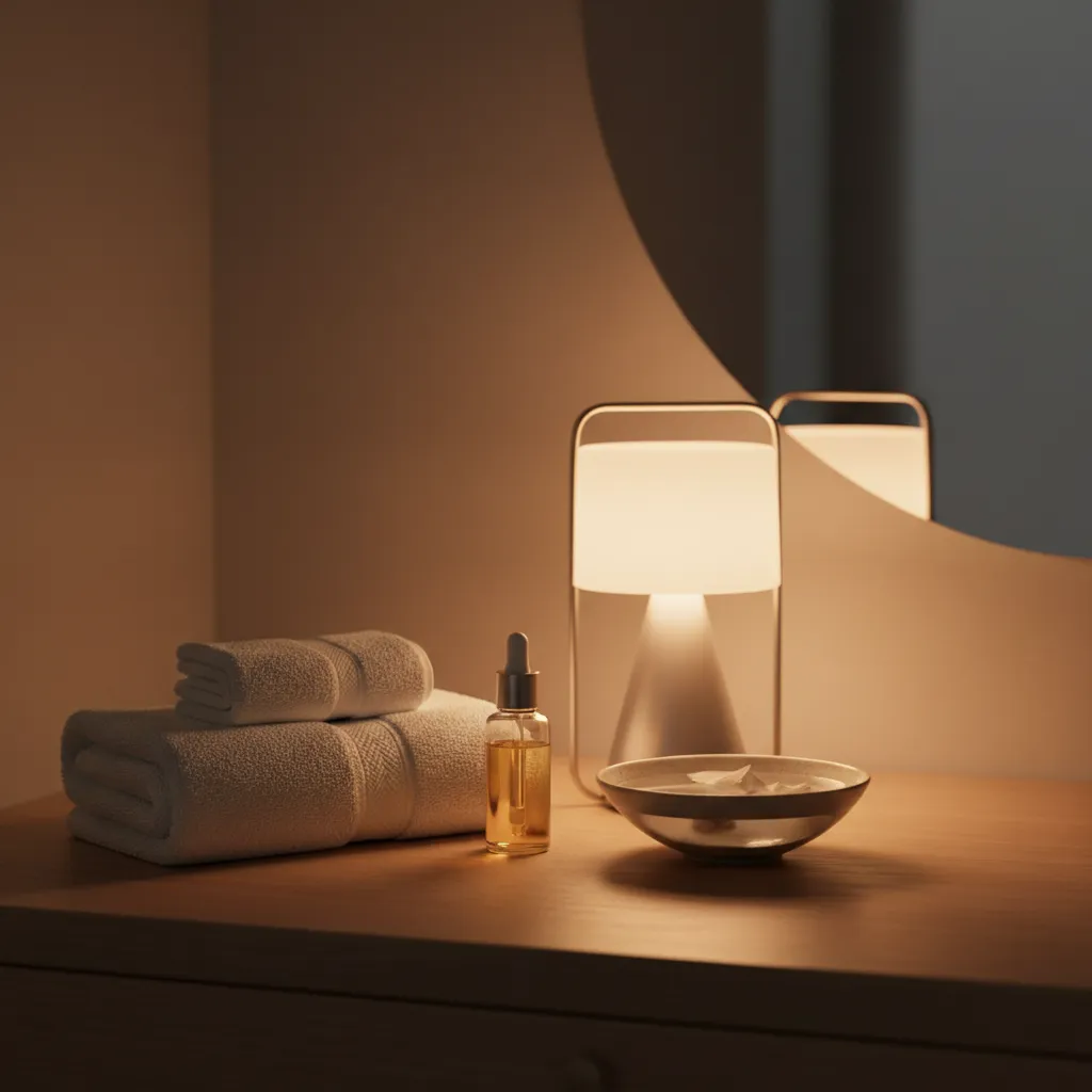 Square lifestyle image of a nighttime vanity with soft lamp light, folded towels, and product vial staged beside a small bowl of water—calm, editorial mood.