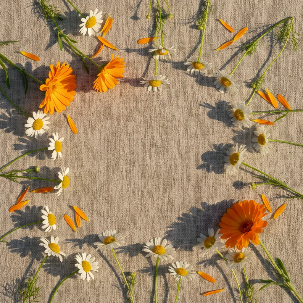 Square editorial photograph of fresh botanicals (chamomile, calendula) on a linen surface, soft afternoon light, flatlay composition emphasizing texture and color.