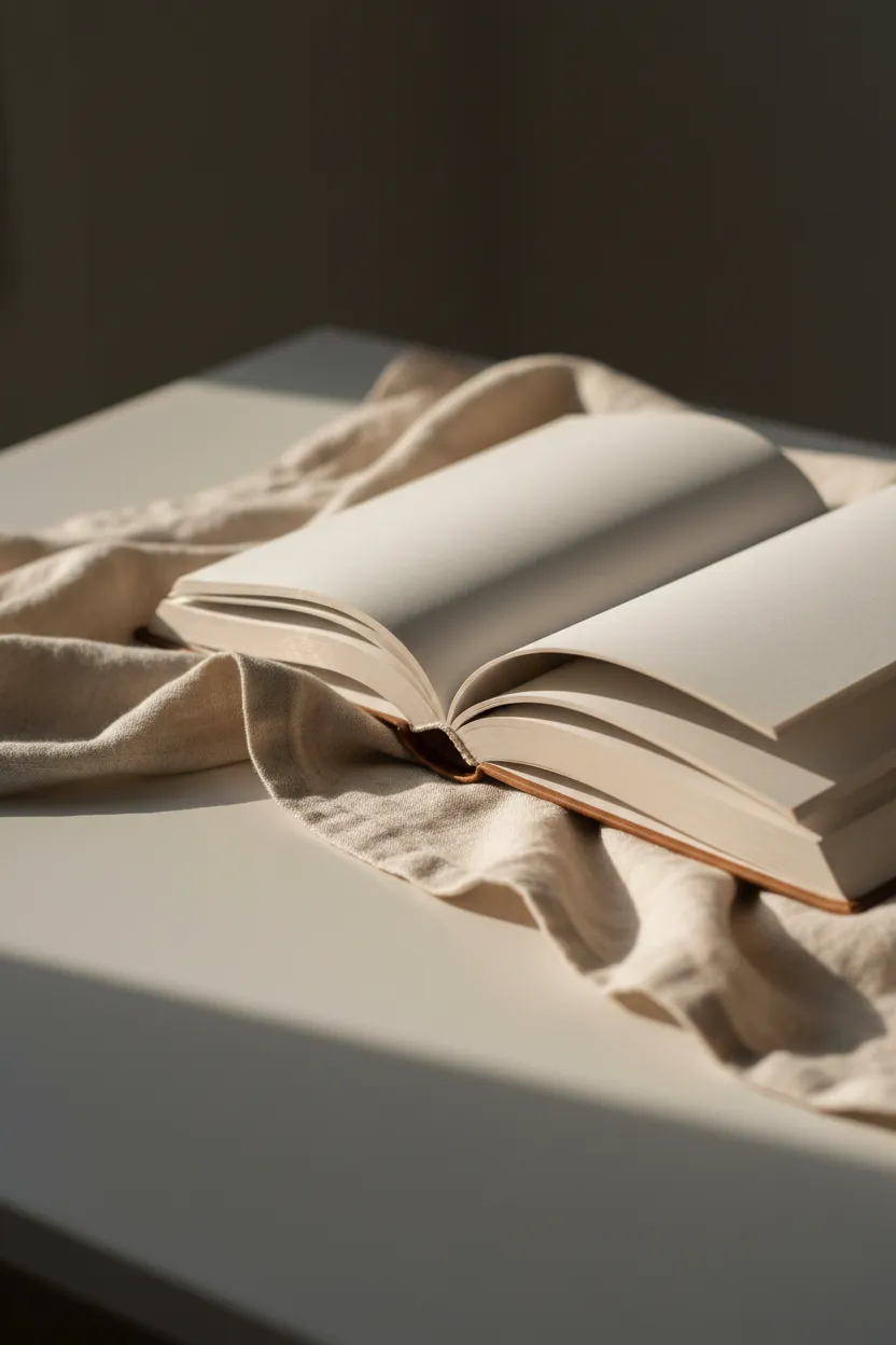 A close, serene portrait of an open book and a soft linen cover on a neutral tabletop, warm side lighting, editorial photographic style, no people, minimal composition emphasizing reading and reflection.