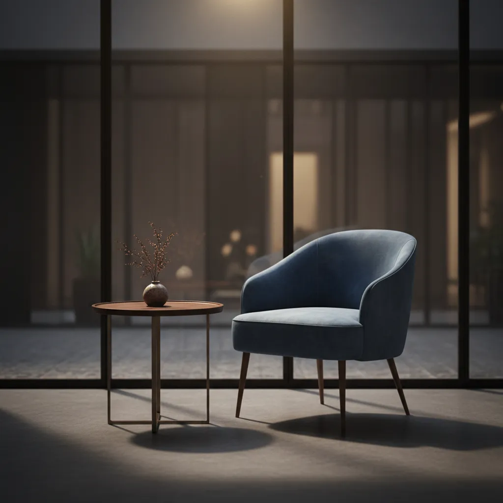 A quiet meeting space with an empty velvet seat and small round table bathed in soft light.