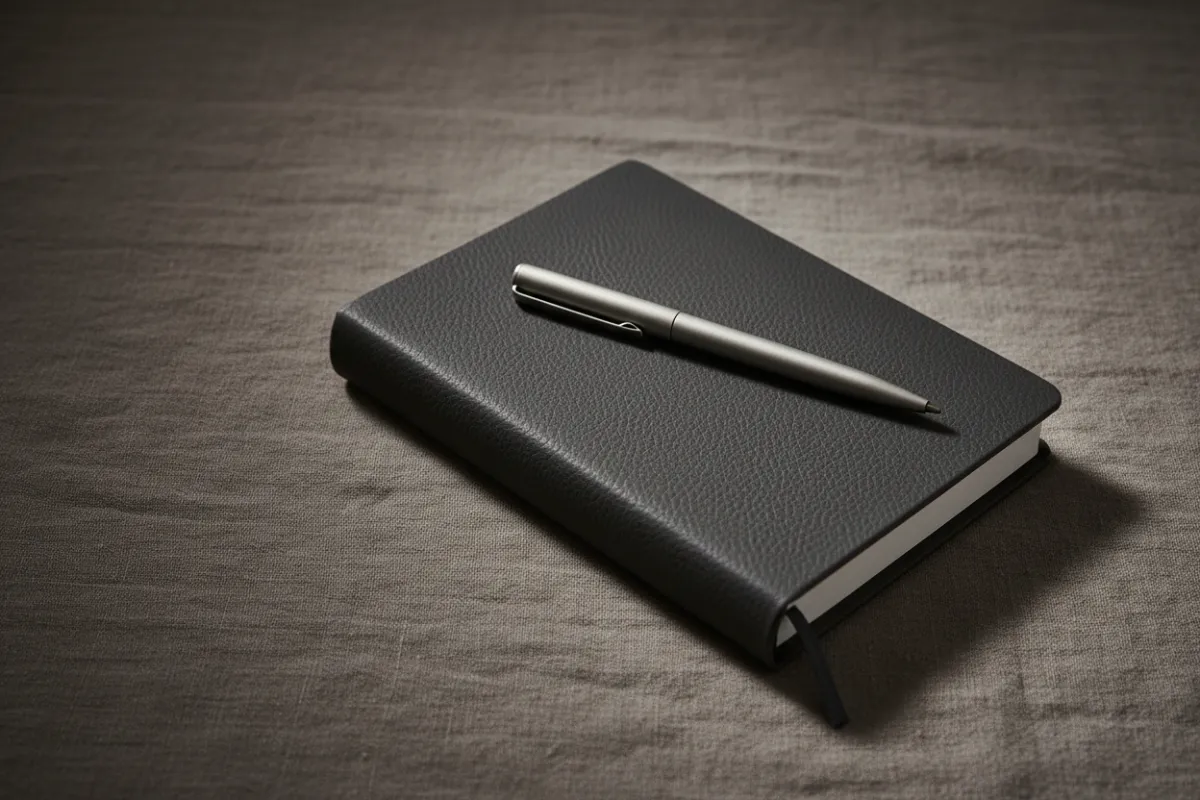 A calm editorial image: a closed journal and a simple pen on a neutral linen surface, soft diffuse light, no people, photorealistic composition that feels private and intentional.