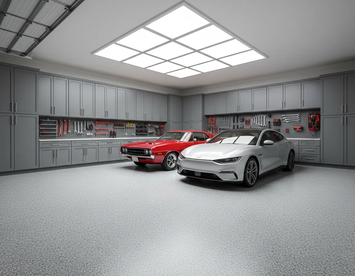 Organized garage with cabinetry and epoxy flooring