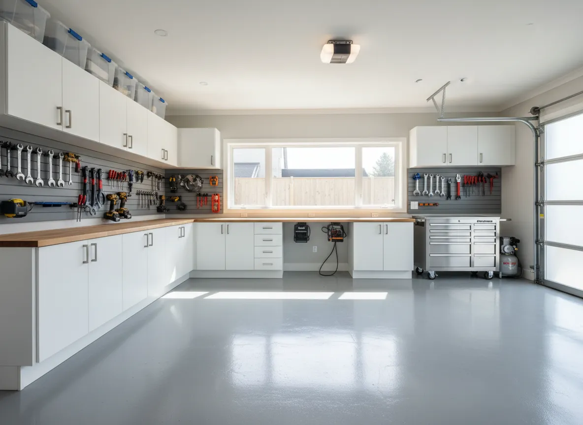Finished residential garage renovation with storage and clean flooring