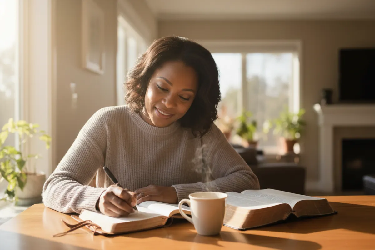 African-American woman, 40s, journaling at a sunlit kitchen table, Bible open, cup of tea, soft smile, warm home, gentle light