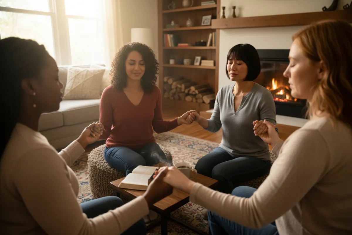 Diverse group of Christian women, 30s-50s, holding hands in prayer, cozy living room, soft natural light, supportive atmosphere