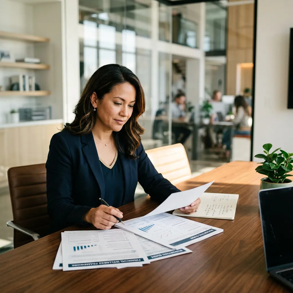 Confident female professional in modern conference room reviewing financial wellness resources