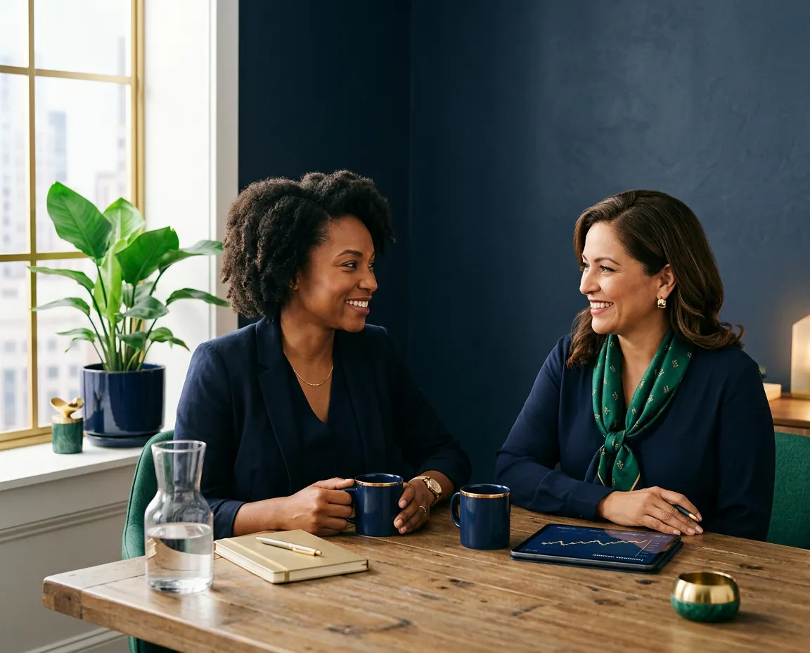 Warm, collaborative consultation environment with a financial wellness advisor and attendee