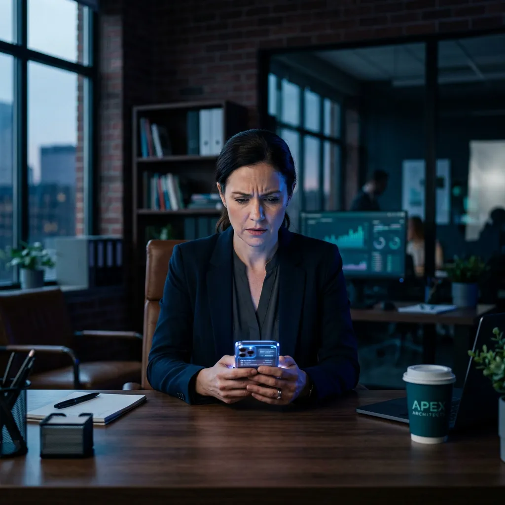Stressed business owner sitting at modern office desk overwhelmed by missed call notifications and unmanaged phone inquiries