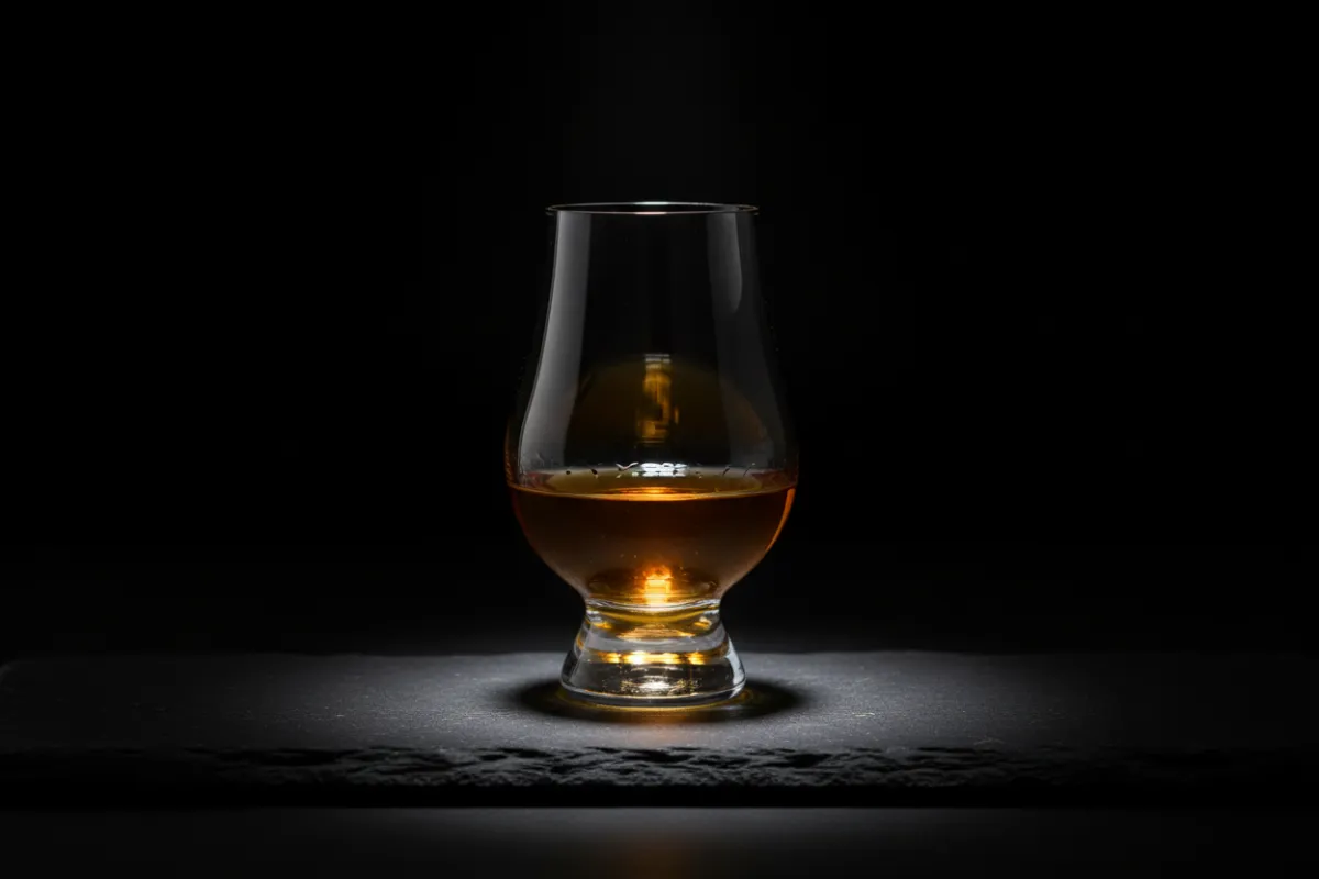 Amber liquid reflections in a premium glass