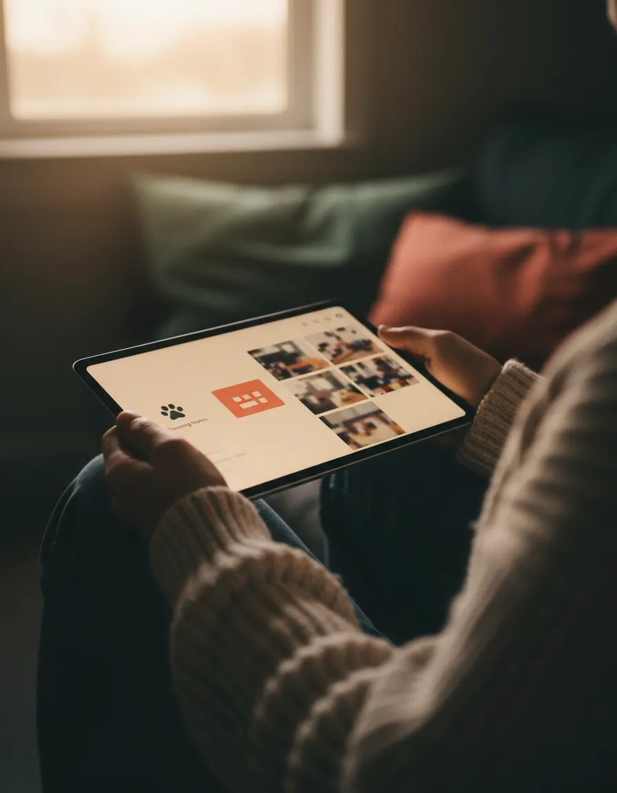 Dog owner reviewing training notes and progress on a tablet