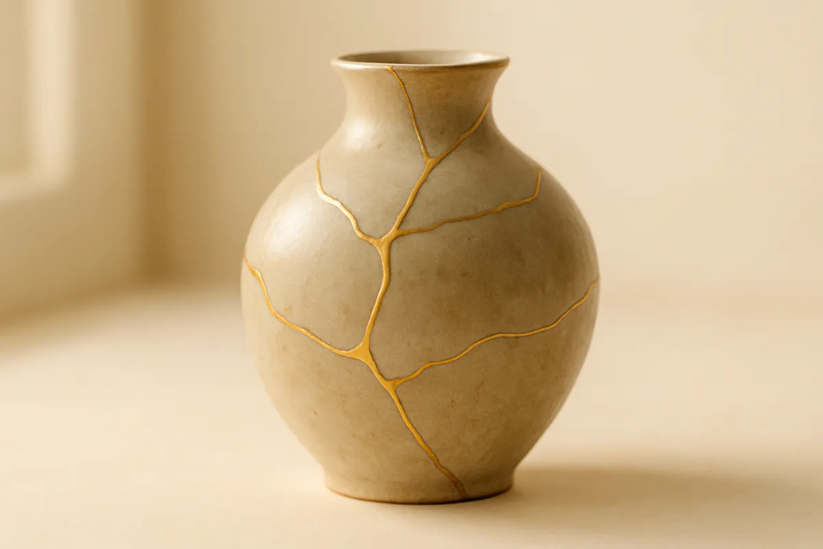 Kintsugi ceramic vase with gold seams on pale ivory surface in warm natural light