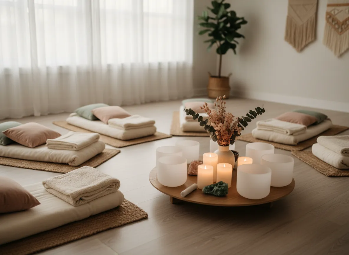 Softly lit room prepared for a heart-centered sound healing event