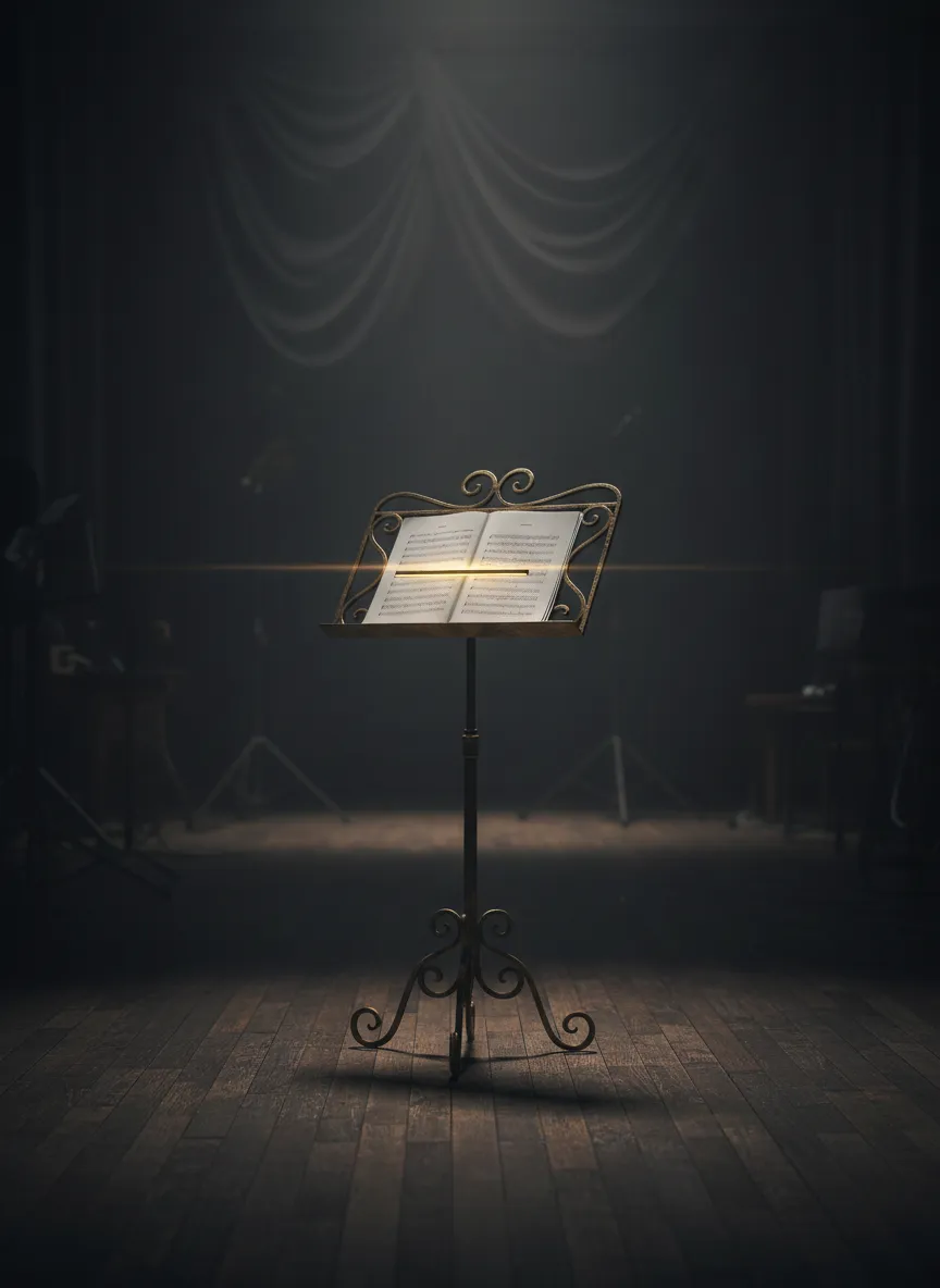 Moody, atmospheric image of an abandoned sheet music stand in low light
