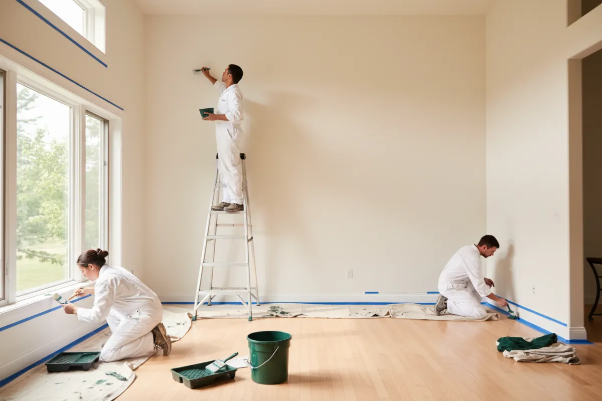 Professional interior painting crew finishing a living room in Asheville