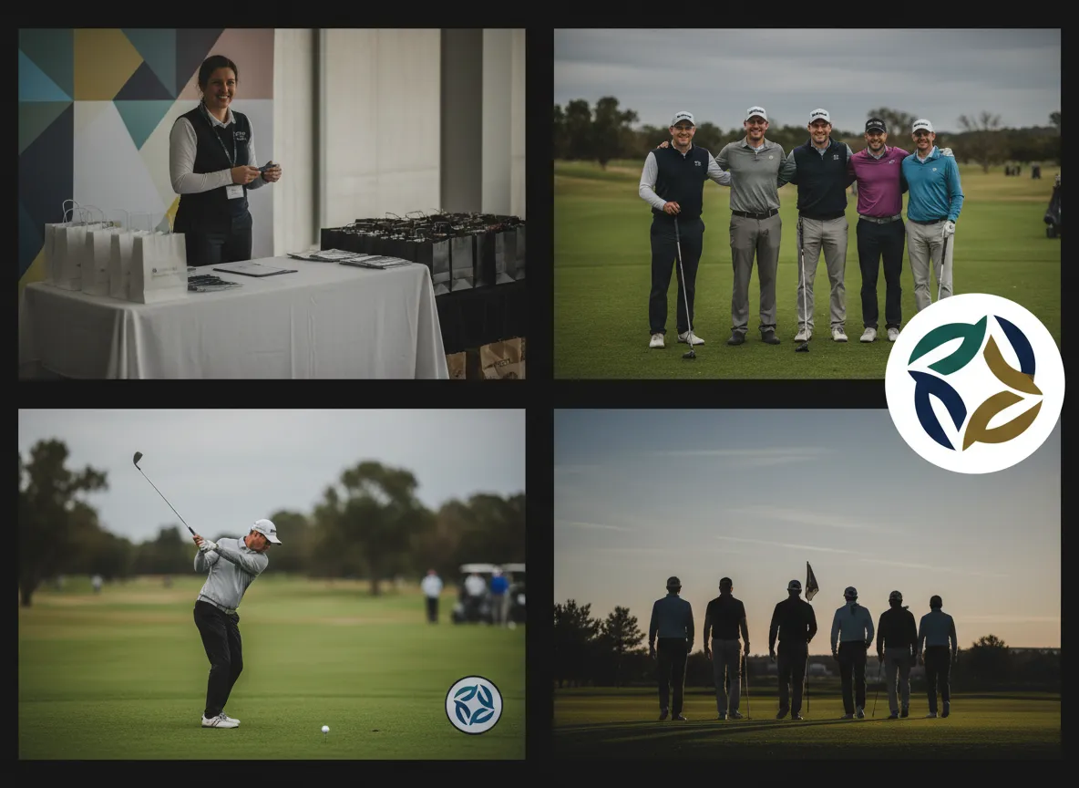 Golf outing photography collage with players, sponsors, and awards