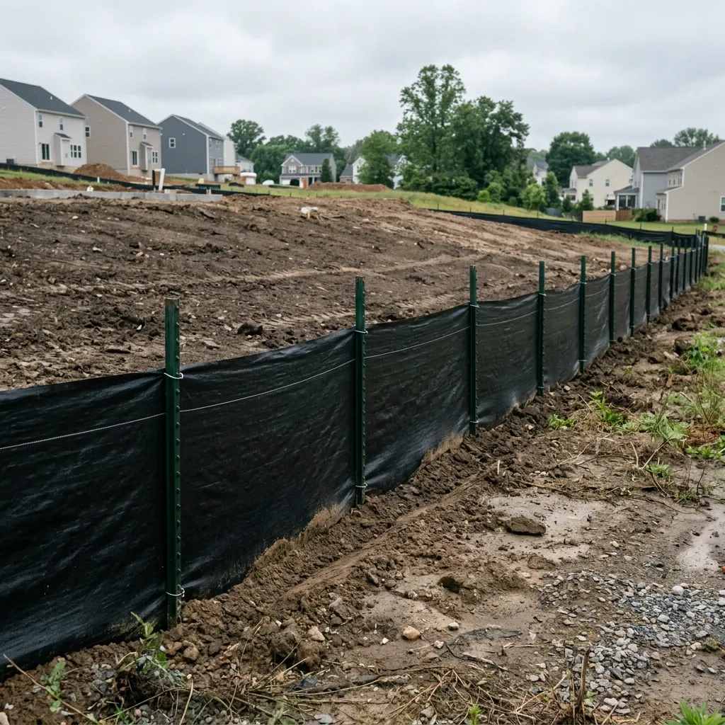 Silt fence installed with steel T-posts on graded lot